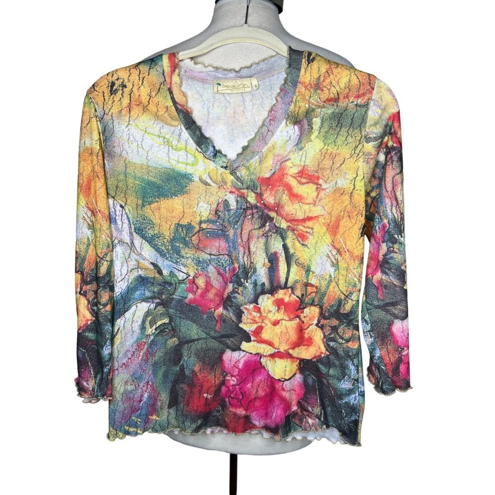 Impulse California Women's Size Small V Neck 3/4 Sleeve Stretch Made USA Ruffle